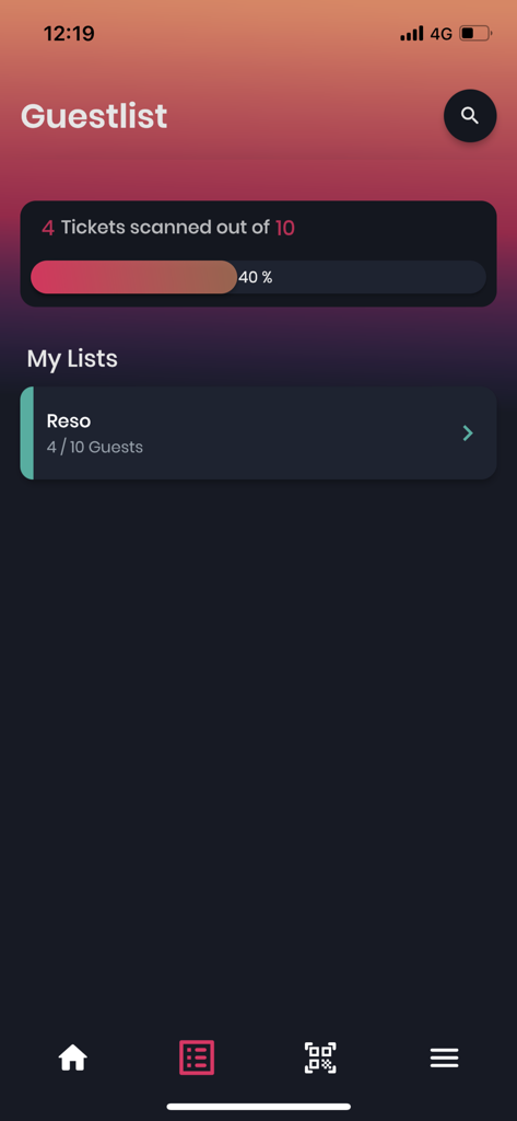 Tick'It Manager - Tick-It Manager app guest list screen showing ticket scanning progress and entry statistics