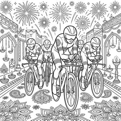Experience a unique blend of speed and tradition with this captivating coloring page featuring time trial cyclists amidst a vibrant Diwali celebration. Intricate rangoli patterns and dazzling fireworks set the scene for an unforgettable artistic journey.
