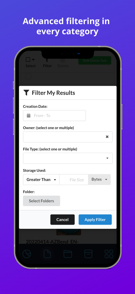 Interface showing advanced filtering options for Google Drive files in the Filerev app