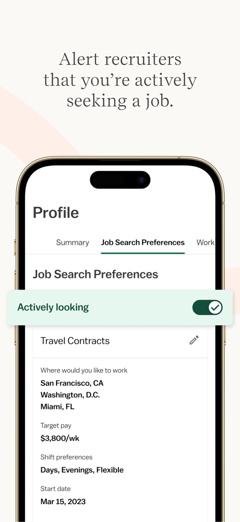 Vivian - Find Healthcare Jobs - Pantalla de smartphone que muestra las preferencias de búsqueda de empleo en el sector de la salud y el interruptor de búsqueda activa en la aplicación Vivian
