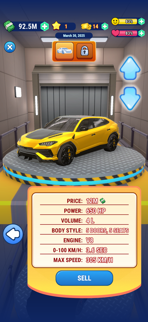A yellow luxury SUV displayed on a rotating platform with performance specifications in the Cash Masters Billionaire Life mobile game.