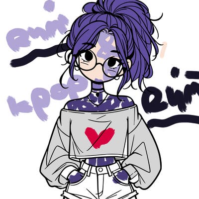 girl with a messy ponytail glasses a baggy crop top and jean shorts