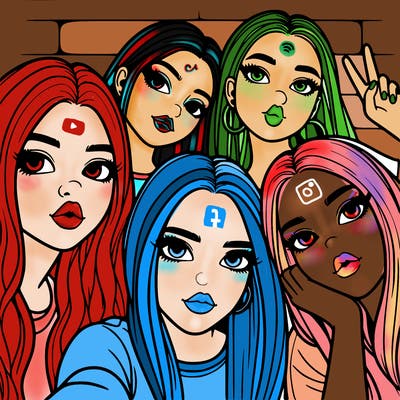 group of teen girls friends y2k up close in a selfie