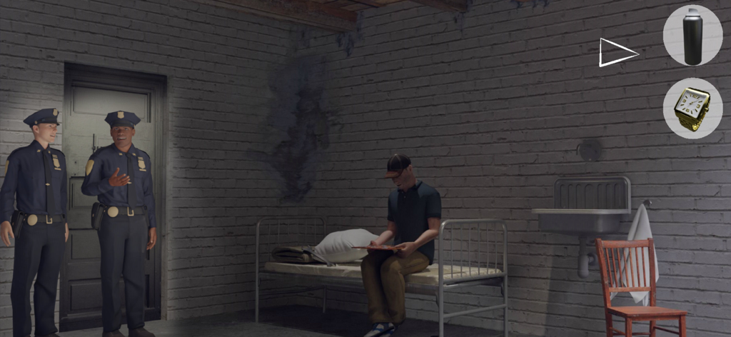 Escape Prison 2 adventure game - A prisoner sitting in a jail cell with two guards standing by the door
