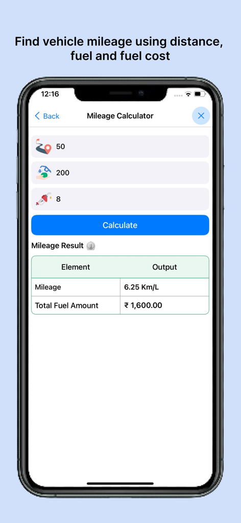 RTO - eChallan, Vehicle info - Une interface mobile pour le calculateur de kilométrage de l'application RTO montrant les résultats d'efficacité énergétique et de coût total.