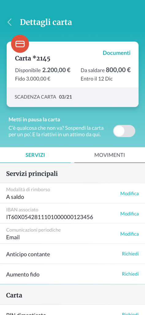 Schermata dell'app mobile Agos che mostra i dettagli della carta di credito, incluso il saldo disponibile e le opzioni di gestione del debito