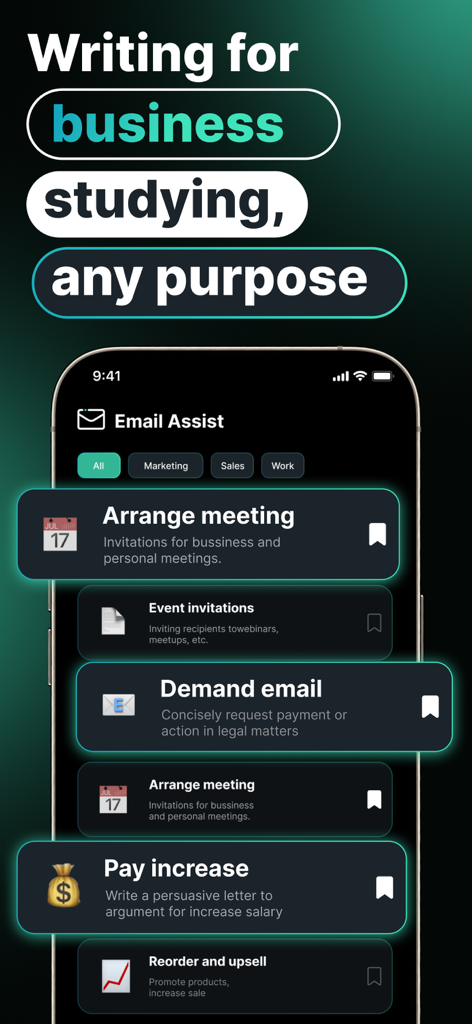 AI Email Writer - aiMail - aiMailアプリの画面に、ビジネスや個人的な使用のためのさまざまなメールテンプレートが表示されている様子。