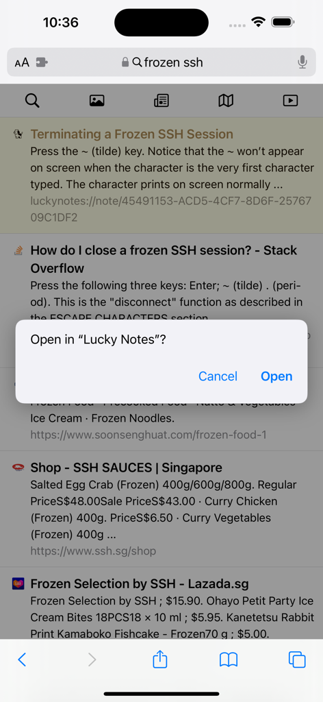 Notes for Lucky - A mobile browser showing search results with a popup prompt to open a saved note in the Lucky Notes app.