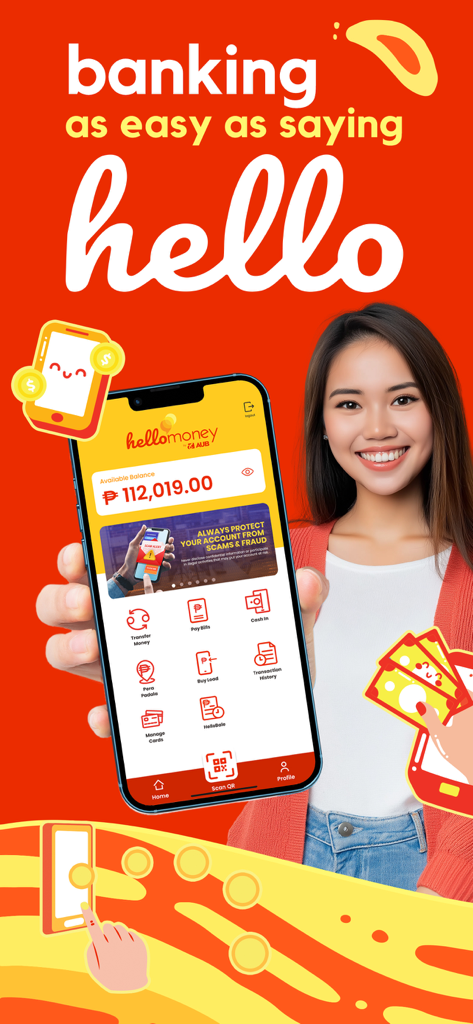 A smiling woman holding a smartphone showing the HelloMoney by AUB app interface with account balance and various financial icons