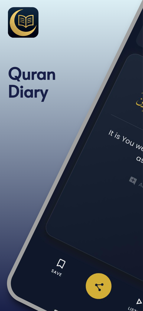 Quran Dairy - The minimalist dark mode interface of the Quran Diary app featuring its elegant logo and a verse card with save and share options