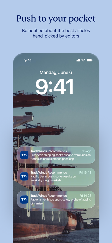 Smartphone lock screen displaying maritime news push notifications from TradeWinds