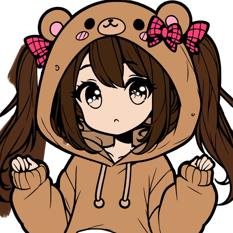 cute anime girl with ponytails and a cute bear hoodie