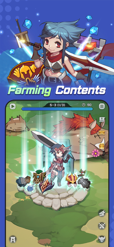 Blade Idle - Blade Idle game screen showcasing farming contents and character equipment rewards