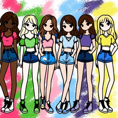 a group of girls wearing crop tops and shorts