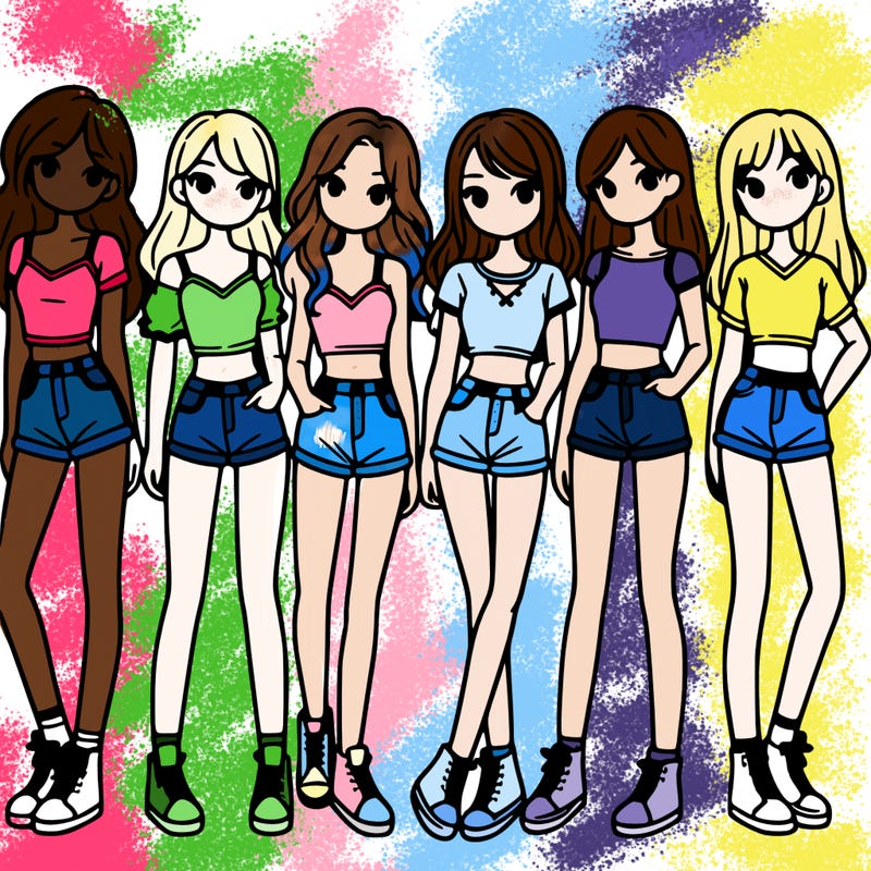 a group of girls wearing crop tops and shorts