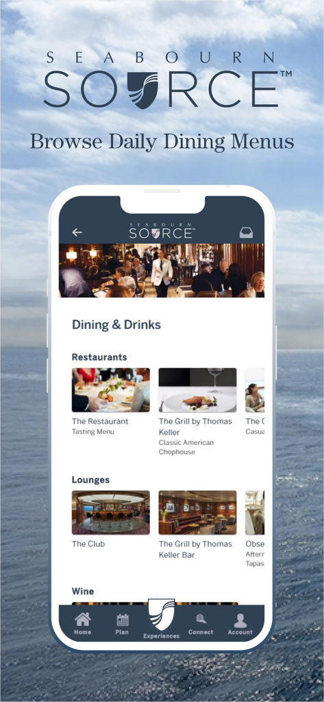 Seabourn Source - Seabourn Source app displaying luxury dining and drink options