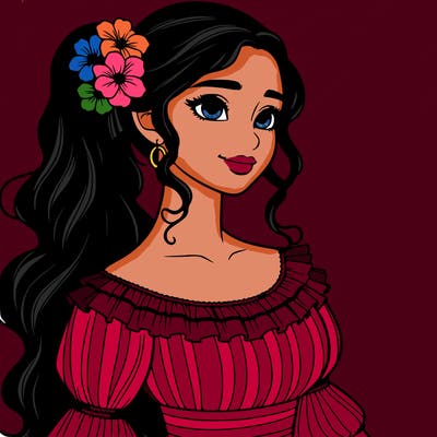 a single latina woman with a side ponytail and a long dress with ruffles. she has a few discreet flowers in her hair. realistic