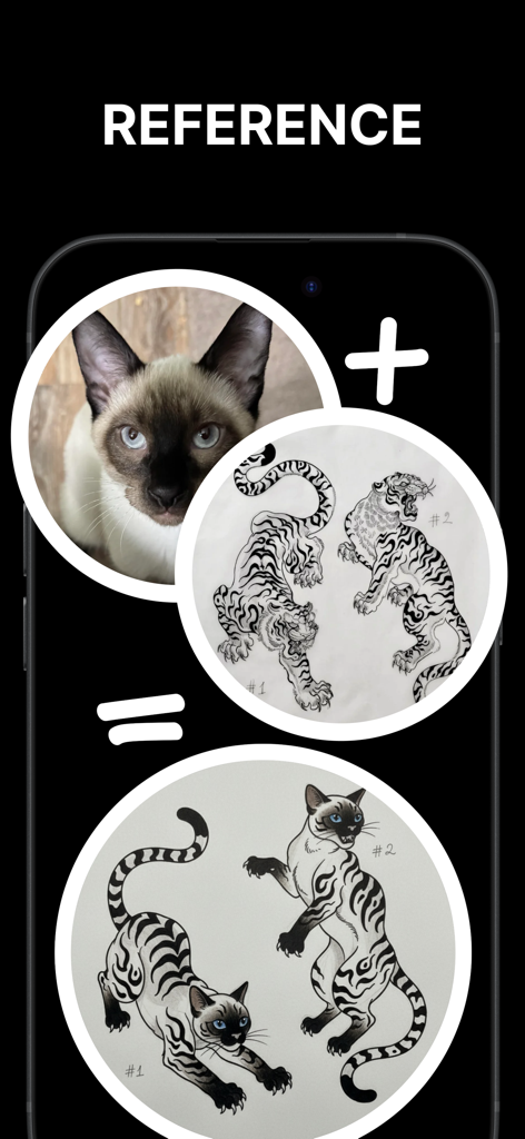 TatsHub - AI Tattoo Generator - TatsHub app interface showing a custom Siamese cat tattoo design generated from a photo and a style reference.