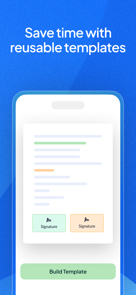 Sign.Plus - Sign PDF Documents - Una interfaz móvil de la aplicación Sign.Plus que muestra una plantilla de documento con campos de firma reutilizables.