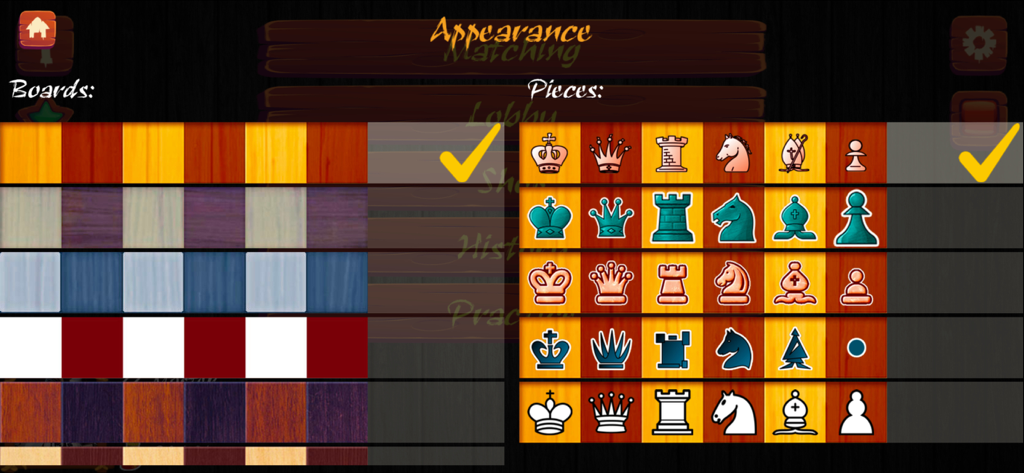 Pantalla de configuración de apariencia en Ajedrez Online mostrando varias opciones para tableros y diseños de piezas de ajedrez