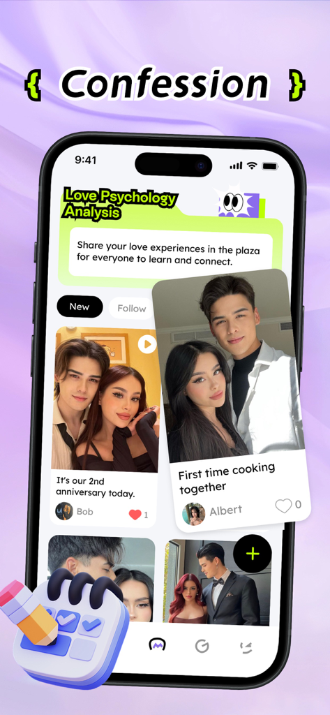 Adult Chat，Make Friends：Lovint - A smartphone showing the Lovint app social feed where users share couple photos and love experiences under a confession header.
