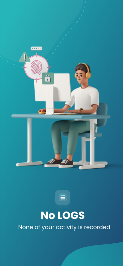 CopVPN - Fast & Secure VPN - Ilustración 3D de una persona trabajando en una computadora con el texto indicando que no se registran actividades.