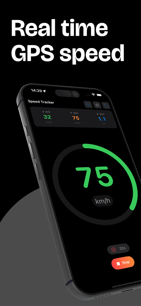 iPhone zeigt die Benutzeroberfläche der App "Wie schnell bin ich" mit Echtzeit-GPS-Geschwindigkeitsverfolgung und Sitzungsanalysen an
