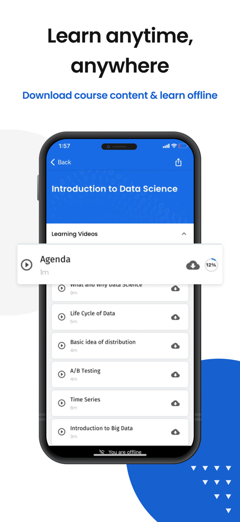 La interfaz de la aplicación Great Learning que muestra lecciones en video descargables para un curso de Introducción a la Ciencia de Datos.