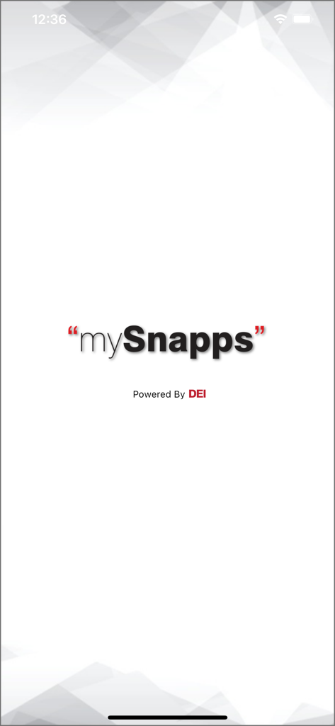 Splash screen of the mySnapps mobile app featuring the company logo and DEI branding
