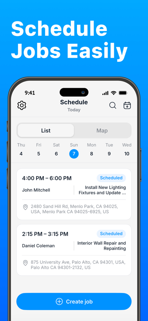 Workly for Pros - Mobile screen of Workly for Pros app displaying a list of scheduled jobs with times and locations.