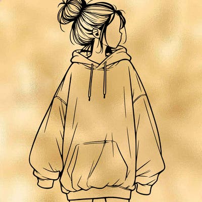 realistic girl with a oversized sweatshirt on and a bun