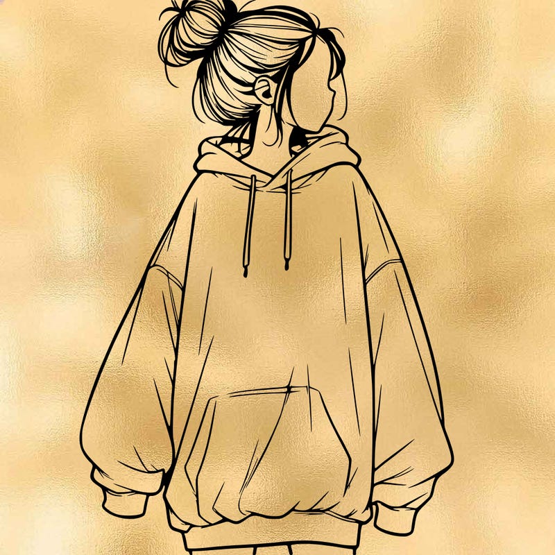 realistic girl with a oversized sweatshirt on and a bun