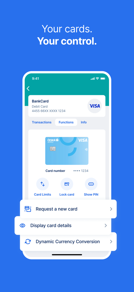 George Česko - Card management interface of the George Cesko mobile banking app featuring options to lock cards and display details.
