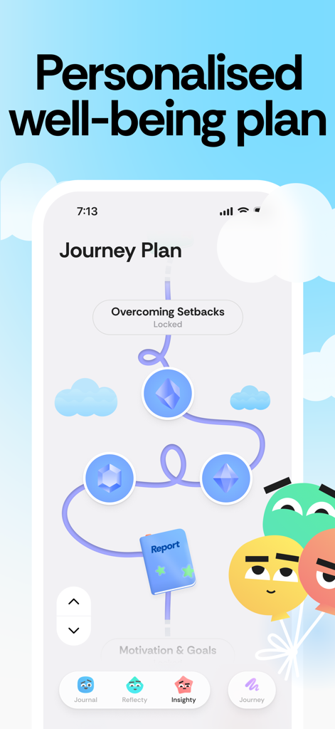 Honestly: Wellbeing Coaching - Screen showing a personalized well-being journey plan roadmap with character illustrations in the Honestly app.