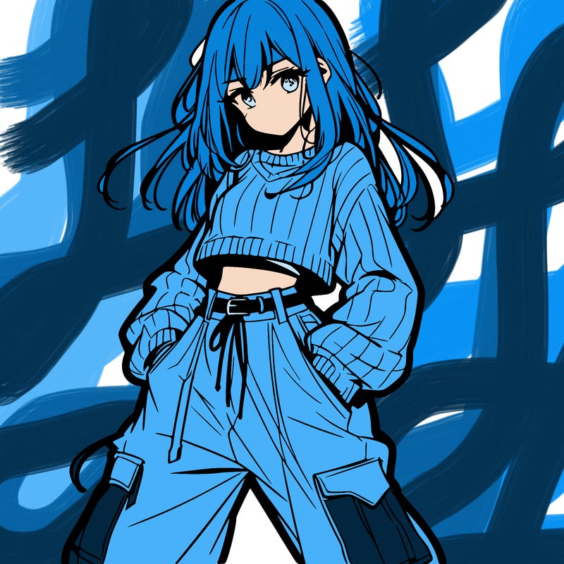 anime teen girl with baggy pants and crop top with sweater