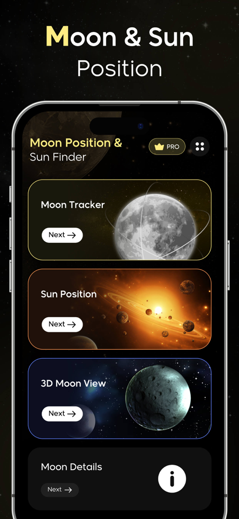 Dashboard dell'app Moon Finder che mostra schede di navigazione per il tracciatore lunare e la posizione del sole
