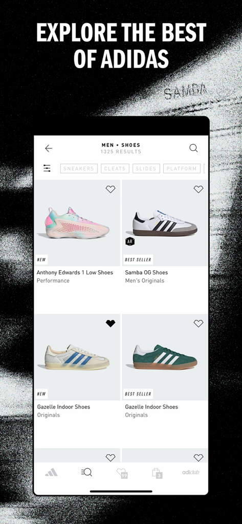 adidas: Shop Shoes & Clothing - App mobile Adidas che mostra una collezione di sneakers da uomo, inclusi i modelli Samba e Gazelle