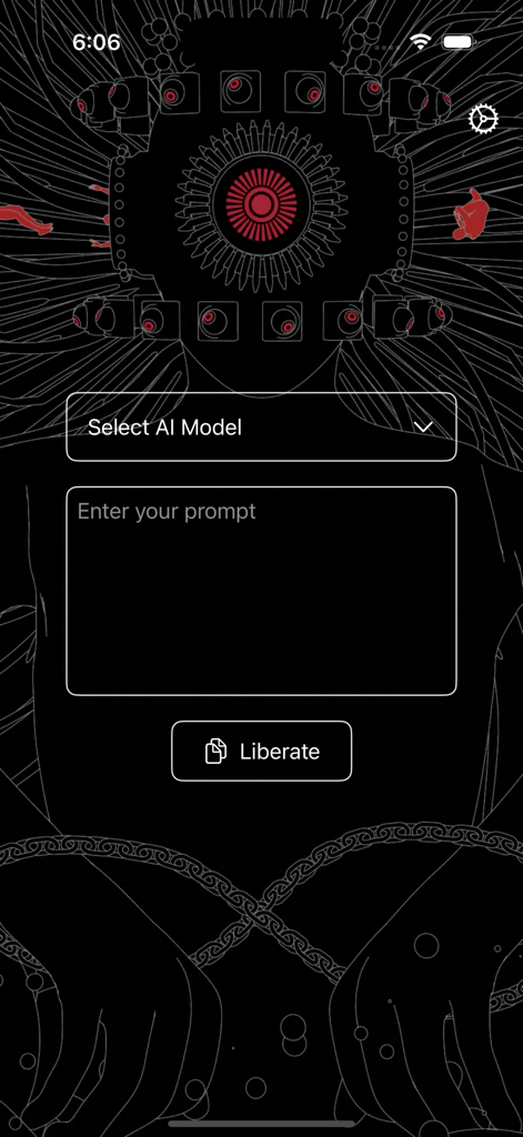 Ai Liberator - Ai Liberatorモバイルアプリのメイン画面。AIモデルを選択し、プロンプトを入力するフィールドがあり、背景は暗い芸術的なもの。