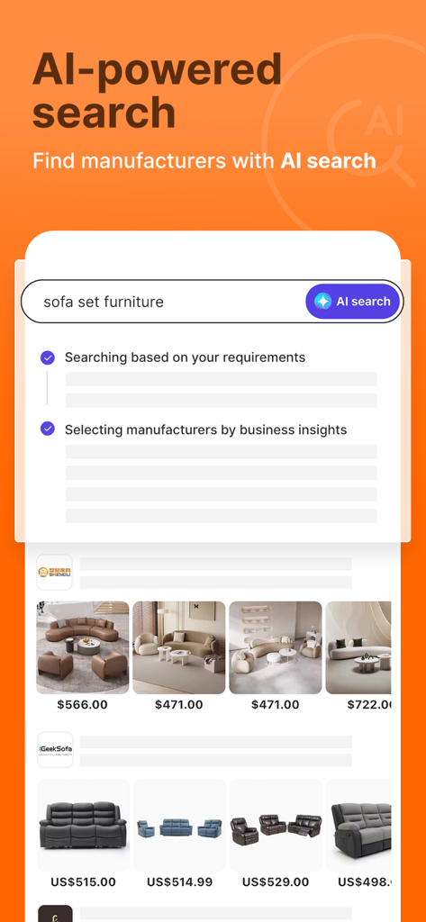 L'interface de l'application Alibaba présente une recherche basée sur l'IA pour trouver des fabricants de meubles avec des informations commerciales.