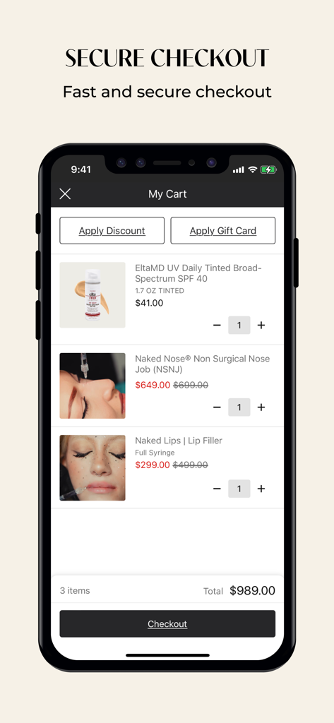NakedMD - Secure checkout screen of the NakedMD app showing a shopping cart with aesthetic treatments and medical grade skincare products.