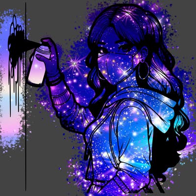 realistic girl with mask spray painting a wall