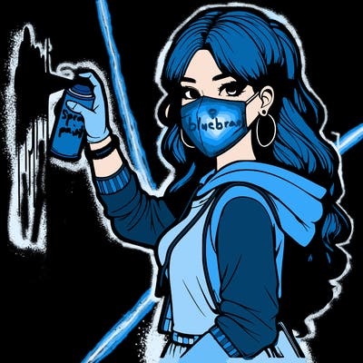 realistic girl with mask spray painting a wall