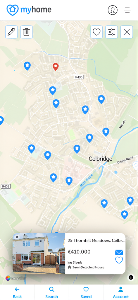 Map view of the MyHome.ie real estate app showing house listings in Celbridge