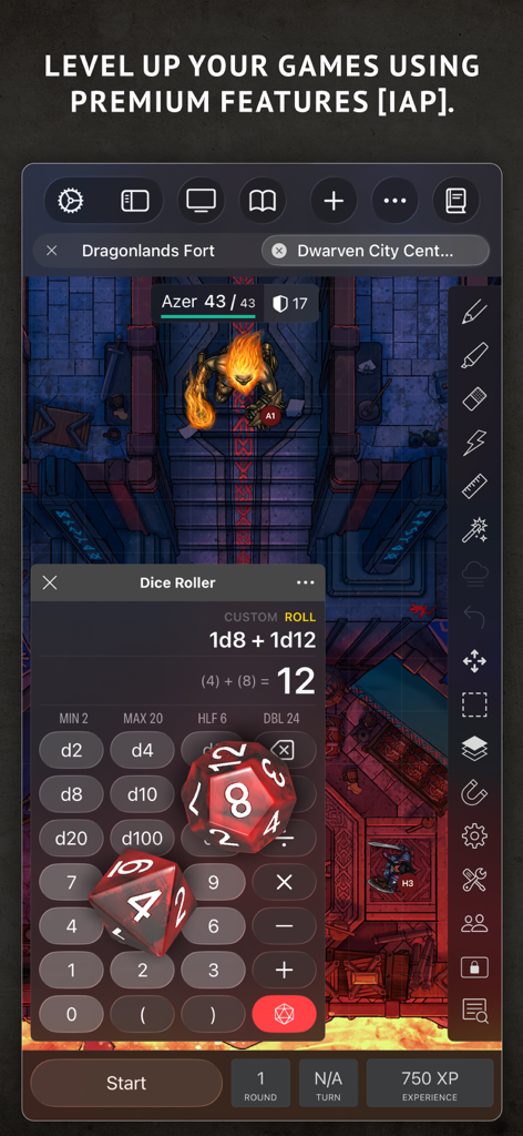 Encounter+ Virtual Tabletop - A screenshot of the Encounter+ Virtual Tabletop app showing a battle map and a 3D dice roller interface.