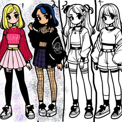 one girl with crop-top shirt and a jacket with a skirt, long socks and another girl with a shirt and pants with a jacket
