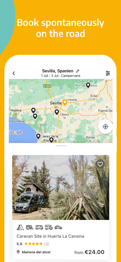 roadsurfer spots Campsites - Kartenoberfläche der roadsurfer spots App, die verfügbare Campingplätze in Sevilla, Spanien, anzeigt.