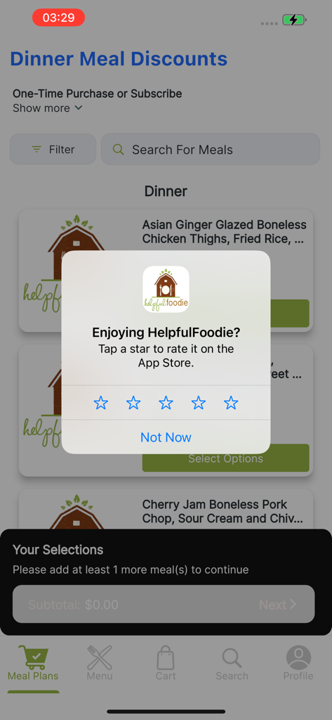 Helpful Foodie - Helpful Foodie app interface showing dinner meal selections with an App Store rating prompt overlay