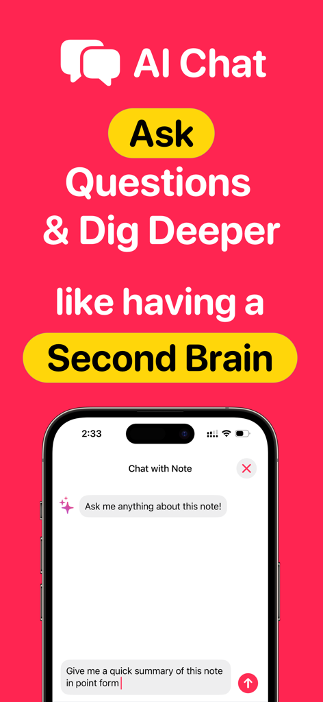 Voice Notes AI Notetaker ZIVO - Captura de pantalla de la aplicación ZIVO que muestra la función de chat de IA para resumir notas y actuar como un segundo cerebro.