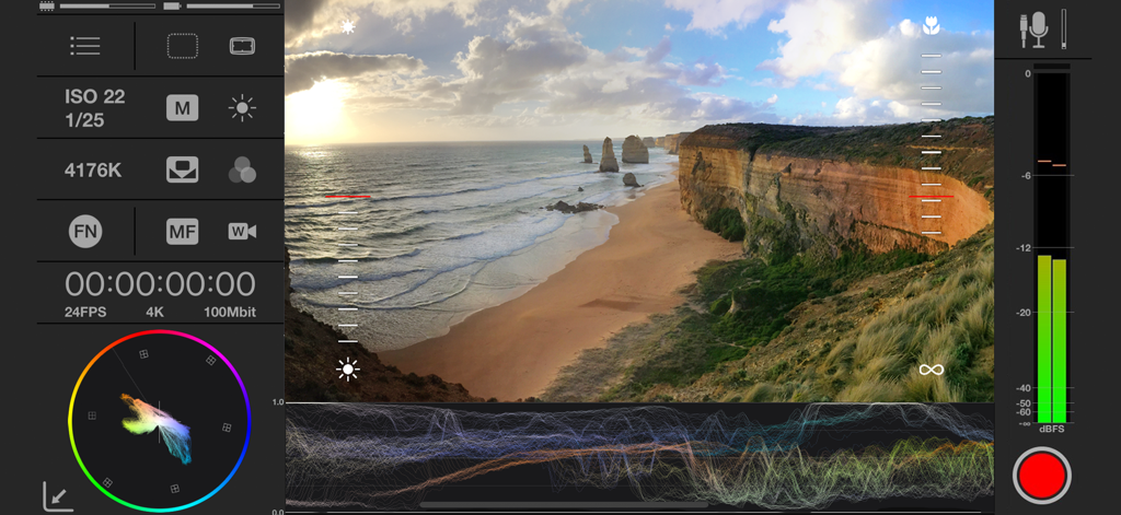 Mavis - Camera Classic - Mavis Camera Classic interface showing manual controls with waveform vectorscope and audio metering over a coastal landscape