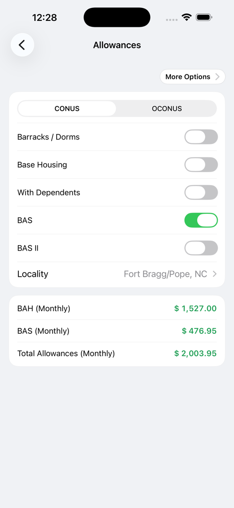 Military Net Pay app screen showing allowance settings for housing and subsistence with monthly totals for BAH and BAS.